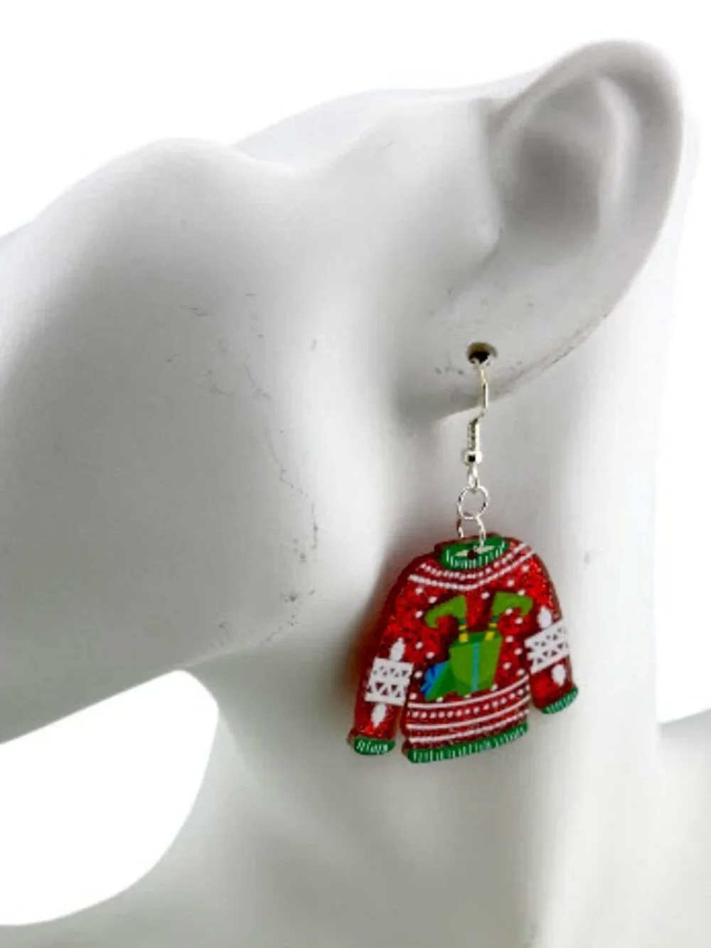 Ugly Elf Sweater Earrings Red Glitter Christmas Holiday Party Dangle Gift